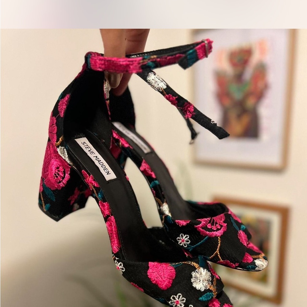 Steve Madden Black Heels with Pink Floral Embroidery